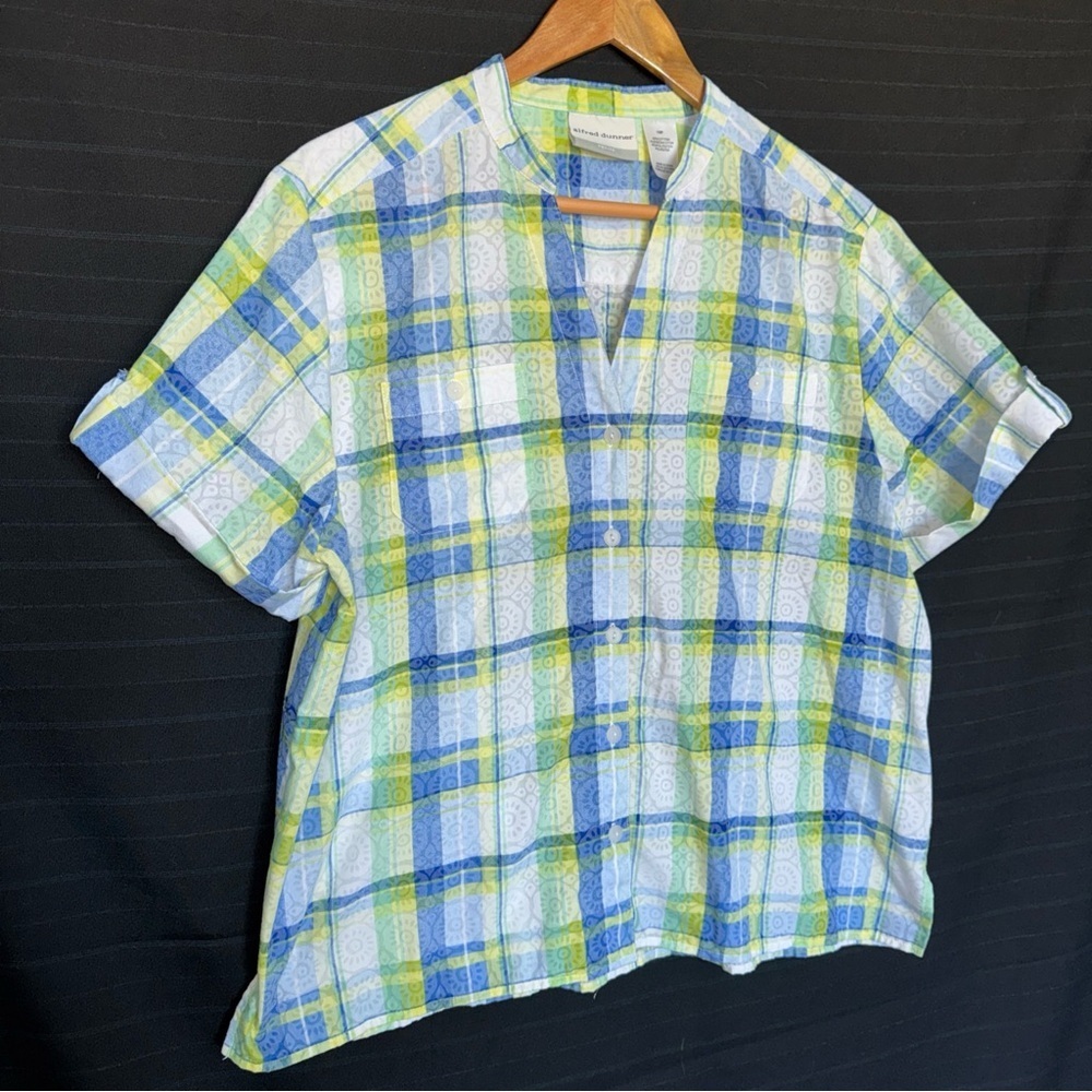 Alfred Dunner Top Womens 16P Blue Floral Plaid Short Sleeve Button Up - Picture 3 of 8